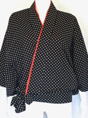 Kimono Style Vintage Dot Jacket With Wide Sleeves & Red Trim